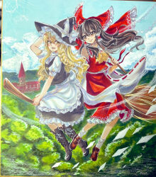 2girls apron ascot black_boots black_hat black_skirt black_vest blonde_hair boots bow braid broom broom_riding brown_eyes brown_hair brown_shoes day frilled_apron frilled_skirt frills full_body hair_bow hakurei_reimu hand_on_headwear hat holding kirisame_marisa long_hair looking_at_viewer marker_(medium) mitsu~ multiple_girls open_mouth outdoors red_bow red_skirt red_vest shoes short_sleeves side_braid skirt smile socks touhou traditional_media vest waist_apron white_apron white_socks witch witch_hat yellow_ascot yellow_eyes