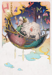 Rule 34 | 1girl, 2015, aircraft, airship, blue eyes, boat, book, chinese zodiac, closed mouth, cloud, commentary request, cup, dress, drinking glass, flower, flower request, fluffy hair, food, fruit, grapes, green dress, green hairband, grey hair, hairband, happy new year, head rest, highres, horns, long hair, long sleeves, new year, nishinomiya sakuko, original, pink flower, sheep girl, sheep horns, solo, very long hair, watercraft, wine glass, year of the goat
