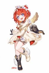 1girl ancient_greek_clothes angel_wings artist_name asymmetrical_footwear black_boots black_gloves blue_eyes boots commentary_request cross-shaped_pupils full_body gloves greco-roman_clothes hamu_(rz_1023) head_wreath highres honkai:_star_rail honkai_(series) mismatched_footwear open_mouth pointy_ears red_hair short_hair simple_background smile solo symbol-shaped_pupils tribbie_(honkai:_star_rail) white_background white_boots winged_boots wings