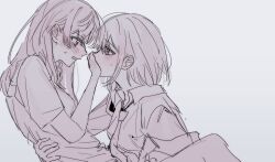 2girls absurdres blush covering_another&#039;s_mouth eye_contact hand_on_another&#039;s_waist highres kabocha_(kabocha0726) looking_at_another multiple_girls necktie sankakkei_no_kowashi-kata simple_background yuri