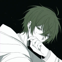 1boy ahoge black_background commentary covering_own_mouth crossed_bangs from_side glaring green_eyes green_hair hair_between_eyes hand_up hood hood_down hooded_coat krmywk light_particles long_sleeves looking_at_viewer male_focus monochrome narrowed_eyes nie_no_machi portrait rokushou_asuku short_hair sweat