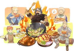 Rule 34 | 2girls, 3boys, armor, beard, belt, blonde hair, blue capelet, blue hood, blue robe, book, boots, braid, brown belt, brown boots, brown eyes, brown hair, capelet, chainmail, chilchuck tims, choker, closed eyes, cooking, cooking pot, dungeon meshi, dwarf, eating, elf, facial hair, fake horns, falin touden, falin touden (tallman), fingerless gloves, fire, food, full beard, game cg, gloves, green eyes, helmet, highres, holding, holding cooking pot, holding food, holding pizza, holding spatula, hood, hood down, hooded capelet, horned helmet, horns, jar, laios touden, leather armor, long beard, long hair, marcille donato, multiple boys, multiple girls, muscular, muscular male, musical note, mustache, neck warmer, non-web source, official art, open mouth, pants, pauldrons, pizza, plate armor, pointy ears, red choker, robe, senshi (dungeon meshi), short hair, shoulder armor, sitting, sleeveless, smile, solid circle pupils, sparkle, spatula, spoken musical note, spoken thumbs up, sword of convallaria, thick mustache, twin braids, two-tone robe, very long beard, white pants, white robe, wok