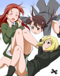 3girls :d :o ^_^ arms_behind_head blonde_hair blue_eyes blush boots brown_eyes brown_hair closed_eyes erica_hartmann gertrud_barkhorn long_hair long_sleeves military military_uniform minna-dietlinde_wilcke multiple_girls open_mouth panties red_hair shorts smile strike_witches twintails underwear world_witches_series youkan