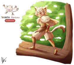 1boy anger_vein animal_ears barefoot blush cape creatures_(company) endifi full_body game_freak gen_1_pokemon grey_cape grey_hair grey_shorts in_tree looking_at_viewer male_focus mankey monkey_tail nintendo personification pointy_ears pokemon pokemon_(creature) red_eyes reference_inset short_hair shorts signature tail tree wavy_mouth