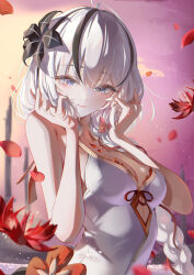 1girl absurdres bare_shoulders black_flower blake_bloom_(wuthering_waves) blue_eyes braid breasts camellya_(wuthering_waves) chigusa7h cleavage closed_mouth commentary flower flower_on_chest hair_flower hair_ornament highres lady_flora_(wuthering_waves) light_blush long_hair medium_breasts red_flower red_pupils smile solo upper_body very_long_hair white_hair wuthering_waves