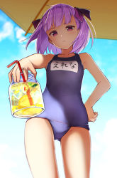 1girl blush drink fate/grand_order fate_(series) female_focus helena_blavatsky_(fate) highres looking_at_viewer looking_down name_tag ninnzinn one-piece_swimsuit purple_eyes purple_hair school_swimsuit short_hair solo swimsuit