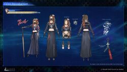 absurdres aerith_gainsborough aerith_gainsborough_(midgard_seventh_high_school) black_gloves bokken brown_hair character_name chest_tattoo colored_tips crop_top delinquent final_fantasy final_fantasy_vii final_fantasy_vii_ever_crisis full_body gloves highres long_skirt mask mouth_mask multicolored_hair official_alternate_costume official_alternate_hairstyle official_art reference_sheet sailor_collar skirt sukeban sword tattoo weapon wooden_sword