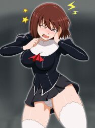 Rule 34 | 1girl, absurdres, agent aika, aika (series), ascot, black delmo, black jacket, black skirt, blush, brown hair, commentary, covered erect nipples, crotch seam, dated, delmogeny uniform, hands up, highres, jacket, juliet sleeves, kouma bonmaid, long sleeves, one eye closed, open mouth, panties, pantyshot, pleated skirt, puffy sleeves, red ascot, rika (agent aika), short hair, skirt, solo, standing, underwear, white panties