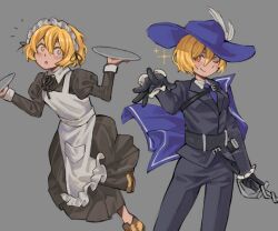 1girl apron black_dress black_gloves black_jacket black_pants blonde_hair blue_cape blue_hat blue_necktie cape cavalier_hat cinq_association_south_uniform collared_shirt don_quixote_(project_moon) dress full_body gloves grey_background hat hat_feather highres holding holding_plate jacket limbus_company long_sleeves looking_at_viewer luvlain maid maid_headdress multiple_views necktie open_mouth pants plate project_moon rapier shirt short_hair simple_background smile solo standing sword weapon white_apron wuthering_heights_(identity)_(project_moon) yellow_eyes