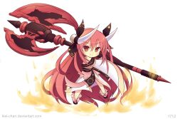 1girl axe battle_axe chibi date_a_live itsuka_kotori itsuka_kotori_(spirit) japanese_clothes kiel-chan long_hair long_sleeves looking_at_viewer red_eyes red_hair ribbon sash smile solo weapon wide_sleeves
