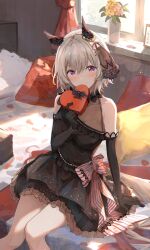 1girl animal_ears bare_shoulders bed black_dress black_gloves blush box breasts cleavage collarbone curren_chan_(sakutsuki_ma_cherie)_(umamusume) curren_chan_(umamusume) dress elbow_gloves feet_out_of_frame gift gift_box gloves grey_hair hair_between_eyes hair_ornament heart-shaped_box highres horse_ears horse_girl horse_tail indoors looking_at_viewer medium_breasts ninjin_nouka pillow purple_eyes see-through_clothes see-through_cleavage short_hair sitting sleeveless sleeveless_dress small_breasts smile solo tail umamusume valentine window