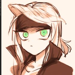 Rule 34 | 1girl, art program in frame, berit (eisu), blonde hair, eisu (eith), eyelashes, green eyes, headband, highres, long hair, monochrome, original, popped collar, sepia, simple background, sketch, swept bangs, tsurime, white background