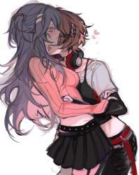 2girls biting black_pants black_shirt black_skirt blush brown_hair colored_inner_hair commentary fang hashtag-only_commentary headphones headphones_around_neck heart highres holding_own_arm long_hair love_curse:_find_your_soulmate midriff multicolored_hair multiple_girls neck_biting nyx_xia open_mouth pants pink_eyes pink_hair pink_sweater pleated_skirt purple_hair roachietea selene_yan shirt short_hair simple_background skirt sweatdrop sweater white_background white_shirt yuri