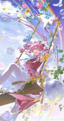 1girl absurdres aqua_bow aqua_bowtie aqua_hair bow bowtie dress drill_hair floating_hair gradient_hair highres honkai:_star_rail honkai_(series) hyacine_(honkai:_star_rail) kizumi little_ica_(honkai:_star_rail) long_sleeves medium_hair multicolored_hair open_mouth outdoors pantyhose pink_dress pink_hair sitting smile solo twin_drills twintails white_pantyhose