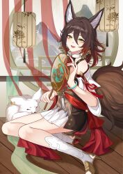 1girl absurdres animal_ears bare_shoulders bracelet brown_hair earrings fox fox_ears fox_girl fox_tail full_body gradient_hair green_eyes hair_between_eyes hand_fan highres holding honkai:_star_rail honkai_(series) jade_bracelet jewelry lantern lattice looking_at_viewer mountain multicolored_hair open_mouth sitting smile solo tail tassel tingyun_(harmony)_(honkai:_star_rail) tingyun_(honkai:_star_rail) tuanshan wooden_floor xuan_xuan_xuan_za