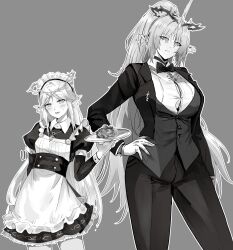 2girls absurdres alternate_costume alternate_hairstyle blush bow bowtie breasts butler button_gap cartethyia_(wuthering_waves) closed_mouth collared_dress commentary cowboy_shot crown_of_thorns dress earrings enmaided female_butler fleurdelys_(wuthering_waves) gloves greyscale hand_on_own_hip highres holding holding_tray huge_breasts jacket jewelry long_hair looking_at_viewer maid maid_headdress medium_breasts monochrome multiple_girls necklace open_clothes open_jacket pants pointy_ears ponytail shirt smile suit_jacket sweatdrop tacet_mark_(wuthering_waves) tray very_long_hair vest will2012tw wuthering_waves