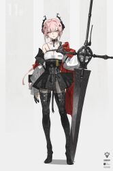 1girl bare_shoulders black_corset black_gloves black_pantyhose boots breasts cleavage collarbone corset detached_sleeves fukashin_ryouiki_(neco) gloves grey_eyes heattech_leotard highres horns huge_weapon leotard long_hair looking_at_viewer medium_breasts neco pantyhose pink_hair pleated_skirt see-through_cleavage see-through_clothes skindentation skirt solo standing sword thigh_boots turtleneck very_long_hair weapon