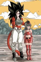 2girls abs absurdres belt bird black_hair blue_hair blush boots bra_(dragon_ball) cloud crop_top denim dragon_ball dragon_ball_gt elbow_gloves gloves grin hairband highres jeans mountain multiple_girls muscular muscular_female nervous_sweating pan_(dragon_ball) pants red_fur shoes skirt smile sweat thighhighs unku00f4shin