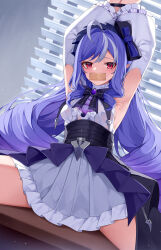 1girl armpits arms_up ascot bdsm black_bow black_bowtie black_skirt bondage bound bow bowtie breasts center_frills commentary_request covered_mouth desk detached_sleeves dress frills gag hair_bow highres long_hair long_sleeves looking_at_viewer medium_breasts multicolored_hair muou on_desk overskirt paid_reward_available pleated_dress pointy_ears purple_ascot purple_bow purple_bowtie purple_hair red_eyes sitting skirt solo streaked_hair tears very_long_hair vivian_(zenless_zone_zero) white_dress zenless_zone_zero