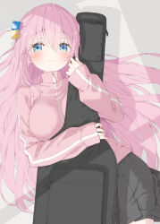 1girl black_skirt blue_eyes blush bocchi_the_rock! breasts cube_hair_ornament gotoh_hitori guitar_case hair_between_eyes hair_ornament highres instrument_case jacket kani_biimu large_breasts long_hair long_sleeves looking_at_viewer one_side_up pink_hair pink_jacket pink_track_suit side_ahoge skirt solo track_jacket track_suit zipper_pull_tab
