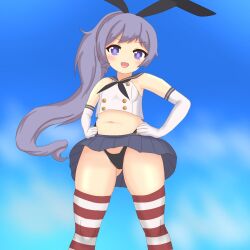 1girl :d black_hairband black_panties blue_background blush cosplay crop_top crossover elbow_gloves gloves hairband highleg highleg_panties highres kogachai long_hair looking_at_viewer microskirt navel ongeki open_mouth panties pleated_skirt purple_eyes sailor_collar shimakaze_(kancolle) shimakaze_(kancolle)_(cosplay) skirt smile solo takase_rio thighhighs thong underwear white_gloves