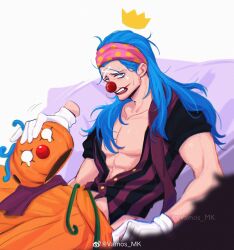 1boy bare_pectorals blue_eyes blue_hair buggy_the_clown clown_nose crown eyelashes floating_crown headband highres long_hair male_focus nipples one_piece open_mouth orange_pants pants pectorals polka_dot_headband pumpkin shirt solo sparse_stubble striped_clothes striped_shirt vamos_mk