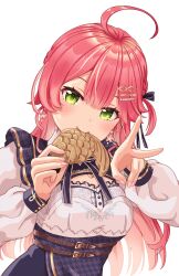 1girl absurdres ahoge blue_skirt closed_mouth food green_eyes hair_ornament hairpin highres holding holding_food hololive lingmu long_hair looking_at_viewer official_alternate_costume pink_hair sakura_miko sakura_miko_(street) shirt skirt smile solo v virtual_youtuber white_background white_shirt