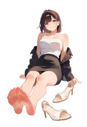 1girl bare_legs bare_shoulders barefoot black_jacket black_skirt blush breasts brown_eyes brown_hair cleavage collarbone commentary davoxime english_commentary eyelashes feet foot_focus high-waist_skirt high_heel_sandals highres jacket legs legs_together looking_at_viewer medium_breasts medium_hair miniskirt off_shoulder office_lady open_clothes open_jacket original parted_lips revision sandals shadow simple_background sitting skirt soles solo toenails toes unworn_sandals white_background white_sandals