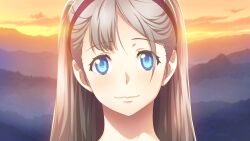 1girl blue_eyes close-up closed_mouth cloud fukuda_tomonori game_cg hairband highres hill light_blush long_hair looking_at_viewer mountainous_horizon non-web_source official_art portrait red_hairband robotics;notes robotics;notes_dash shiny_eyes sky smile solo sunset yukifune_airi