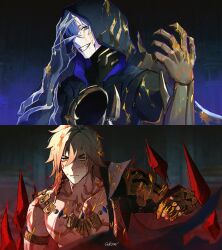 2boys armlet bare_pectorals black_cloak black_coat blonde_hair blood blood_splatter braid clawed_gauntlets cloak coat commentary commentary_request crystal dark_persona earrings english_commentary flame_reaver_of_the_deepest_dark gold_armlet gold_earrings gold_necklace gradient_hair hair_between_eyes highres honkai:_star_rail honkai_(series) hood hood_up hooded_cloak jewelry looking_at_viewer male_focus medium_hair moonya multicolored_hair multiple_boys mydei_(honkai:_star_rail) necklace open_clothes open_coat pectorals phainon_(honkai:_star_rail) red_hair red_tattoo side_braid toned toned_male twitter_username upper_body white_hair yellow_blood yellow_eyes