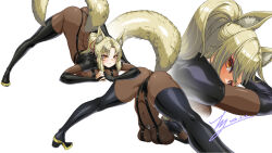 1girl absurdres animal_ear_fluff animal_ears arched_back arm_rest ass black_bodysuit black_footwear black_gloves blonde_hair bodystocking bodysuit boots breasts commission dark_persona dog_days elbow_gloves fingerless_gloves flexible fox_ears fox_girl fox_tail gloves hair_ribbon hands_on_ground highres jack-o&#039;_challenge large_breasts meme parted_bangs pixiv_commission ponytail rantia red_ribbon ribbon skin_tight spread_legs stretching tail thigh_boots top-down_bottom-up wide_spread_legs