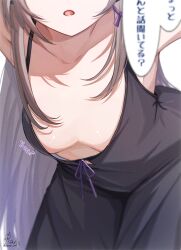1girl arms_up black_dress breasts brown_hair collarbone downblouse dress extended_downblouse herta_(honkai:_star_rail) highres honkai:_star_rail honkai_(series) leaning_forward long_hair ranran_3939 signature small_breasts solo speech_bubble the_herta_(honkai:_star_rail) translation_request twitter_username white_background