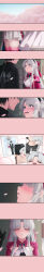 ...! 1boy 1girl ? absurdres black_gloves black_hair black_jacket black_shirt blue_eyes blush bow breasts carlotta_(wuthering_waves) closed_mouth collarbone commentary couple dress earrings embarrassed family gloves hair_bow hetero highres implied_sex incoming_kiss jacket jewelry junu_(jwoo5627) kabedon long_image male_rover_(wuthering_waves) medium_breasts open_mouth parted_bangs parted_lips pink_bow pink_jacket pink_petals rover_(wuthering_waves) shirt sidelocks smile striped_bow sweatdrop symbol-only_commentary tall_image thighs tuxedo wedding wedding_dress white_dress white_hair wuthering_waves