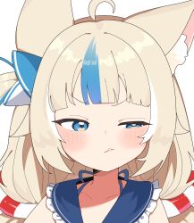 1girl absurdres ahoge animal_ear_fluff animal_ears blonde_hair blue_eyes cat_ears fish_girl frilled_sailor_collar frills hair_ornament highres indie_virtual_youtuber long_hair looking_down looking_to_the_side low_twintails multicolored_hair sailor_collar sameko_saba sleeveless solo twintails virtual_youtuber white_background xesii