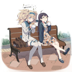 Rule 34 | 2girls, ahoge, backpack, bad id, bad pixiv id, bag, bench, black hair, black hoodie, blonde hair, blue eyes, blush, brown footwear, burger, closed mouth, cnm, dress, eating, food, food on face, fujinami (autumn) (kancolle), fujinami (kancolle), full body, gambier bay (kancolle), hair ribbon, hairband, highres, hood, hoodie, kantai collection, loafers, long hair, long sleeves, multiple girls, open clothes, open hoodie, outdoors, ribbon, shoes, side ponytail, sitting, smile, sparkle, tears, thighhighs, twintails, unworn backpack, unworn bag, wavy mouth, white legwear, yellow eyes