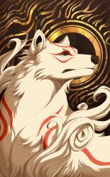 Rule 34 | absurdres, amaterasu (ookami), animal focus, artist name, brown background, brown eyes, closed mouth, commentary, english commentary, hatching (texture), highres, looking ahead, looking back, mayhw, no humans, ookami (game), patterned background, portrait, shade, solo, turning head, white wolf, wolf