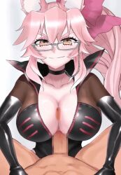 Rule 34 | 1boy, 1girl, animal ears, animated, black bodysuit, black choker, bodysuit, breasts, choker, cleavage, collarbone, fate/grand order, fate (series), fox ears, fox girl, glasses, hair ribbon, koyanskaya (assassin) (first ascension) (fate), koyanskaya (fate), large breasts, long hair, looking at viewer, nanaya (ranchenmonhan), paizuri, partially unzipped, penis, pink hair, pink ribbon, pov, pov crotch, ribbon, smile, tagme, tamamo (fate), video, yellow eyes, zipper pull tab