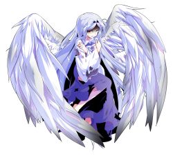1girl alphes_(style) angel_wings arms_across_body barefoot blue_dress blue_hair collared_shirt commentary_request dairi dress feathered_wings full_body genderswap genderswap_(otf) hair_intakes hands_on_own_shoulders highres large_variant_set long_dress long_hair long_sleeves looking_at_viewer multiple_wings open_mouth parody red_eyes sariel_(touhou) self_hug seraph shaded_face shirt simple_background smile solo style_parody tachi-e torn_clothes torn_dress touhou touhou_(pc-98) transparent_background variant_set very_long_hair white_shirt white_wings wide_sleeves wings