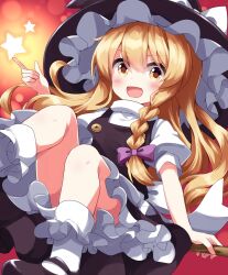 1girl :d black_hat black_shoes black_skirt black_vest blonde_hair bow braid broom broom_riding commentary frilled_hat frilled_socks frills hair_between_eyes hair_bow hat highres kirisame_marisa kneehighs long_hair looking_at_viewer open_mouth petticoat puffy_short_sleeves puffy_sleeves purple_bow ruu_(tksymkw) shirt shoes short_sleeves side_braid sidesaddle single_braid skirt smile socks solo star_(symbol) touhou turtleneck turtleneck_shirt vest white_shirt white_socks witch_hat yellow_eyes