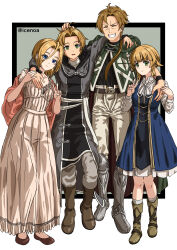 Rule 34 | 2boys, 2girls, absurdres, ahoge, arm around shoulder, armor, artist name, belt, blonde hair, blue dress, breasts, brother and sister, brown footwear, brown hair, brown shawl, cloak, closed eyes, closed mouth, dress, eyebrows hidden by hair, family, father and daughter, father and son, full body, greaves, green cloak, green eyes, grey robe, hair between eyes, headpat, highres, icenoa1011, jewelry, looking at viewer, male focus, mature female, mature male, mother and daughter, mother and son, multiple boys, multiple girls, mushoku tensei, norn greyrat, open mouth, pants, paul greyrat, ring, robe, rudeus greyrat, shawl, siblings, simple background, small breasts, smile, teeth, v, white dress, white pants, zenith greyrat