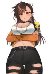 1girl ankh_necklace arms_under_breasts belt black_belt black_choker black_jacket breasts brown_eyes brown_hair chain chain_necklace choker cleavage commission crop_top crossed_arms earrings gradient_clothes gradient_jacket hair_ornament hairpin hara_rae_sol highres indie_virtual_youtuber jacket jewelry large_breasts long_hair midriff multicolored_jacket navel necklace nkirii open_clothes open_jacket orange_jacket pants solo thigh_gap torn_clothes torn_pants virtual_youtuber white_background yellow_jacket zipper