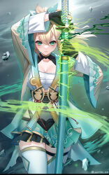 Rule 34 | 1girl, ahoge, aura, black gloves, blonde hair, bow, breasts, chest sarashi, cleavage, commentary, covered navel, cowboy shot, double-parted bangs, drawing sword, egasumi, english commentary, fingerless gloves, gloves, green eyes, hair between eyes, hair bow, hakama, hakama short skirt, hakama skirt, haori, highres, hip vent, holding, holding sword, holding weapon, hololive, japanese clothes, jurrig, katana, kazama iroha, kazama iroha (1st costume), kimono, looking at viewer, medium breasts, medium hair, miniskirt, multicolored skirt, ootachi, pleated skirt, ponytail, sarashi, skirt, solo, straight-on, sword, tabi, thigh strap, thighhighs, virtual youtuber, weapon, white kimono, white thighhighs, yellow haori
