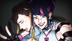 2girls arm_around_shoulder black_hair blood blood_on_face blood_on_mouth blue_dress blunt_bangs breasts brown_hair capcom china_dress chinese_clothes chun-li closed_eyes diagonal_bangs double_bun dress efd evil_smile eyelashes fangs fingerless_gloves furrowed_brow gloves gradient_background green_pupils grey_background hair_bun hair_dye hair_horns han_juri heterochromia implied_after_fight looking_at_viewer multicolored_hair multiple_girls multiple_scars purple_pupils purple_streaks ribbon scar selfie shadow sidelocks sleeveless smile spikes streaked_hair street_fighter street_fighter_6 sweatdrop tattoo teeth two-tone_hair v vest white_vest yellow_ribbon yuri