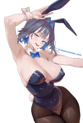 1girl animal_ears arm_up armpits bare_arms black_leotard blue_eyes blue_hair bow bowtie breasts detached_collar fake_animal_ears hair_intakes highleg highleg_leotard highres hololive hololive_english large_breasts leotard looking_at_viewer mashiro_www open_mouth ouro_kronii pantyhose playboy_bunny rabbit_ears rabbit_tail short_hair simple_background smile solo strapless strapless_leotard tail virtual_youtuber white_background white_wrist_cuffs wrist_cuffs
