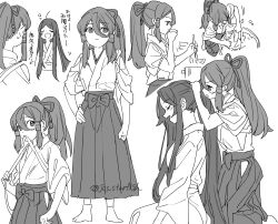 2girls commentary_request cooking cooking_pot from_side gensokyo&#039;s_first_hakurei_miko hair_ribbon hair_tubes hakama hakama_skirt hand_on_own_hip highres holding holding_ladle japanese_clothes kimono ladle long_hair long_sleeves mero_(starfish_jcs) miyadeguchi_mizuchi miyadeguchi_mizuchi_(human) monochrome multiple_girls multiple_views open_mouth pleated_skirt ponytail ribbon skirt squeans tasting touhou twitter_username tying_another&#039;s_hair very_long_hair waking_up washboard washing_clothes white_background