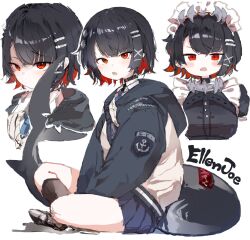 1girl anchor_symbol black_choker black_hair black_skirt black_socks blush_stickers breasts character_name choker colored_inner_hair commentary_request crossed_legs ellen_joe fins fish_tail hairband highres hood hood_down hooded_jacket jacket kotatu_(akaki01aoki00) long_sleeves looking_at_viewer maid maid_headdress metal_hairband mole mole_under_eye multicolored_hair multiple_views official_alternate_costume open_mouth pleated_skirt red_eyes red_hair school_uniform shark_girl shark_tail sharp_teeth shirt short_hair simple_background sitting skirt socks spiked_headband tail teeth white_background white_shirt zenless_zone_zero
