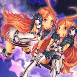 2girls ahoge android belt boots clone colorized dress gloves headphones headset joints kneehighs long_hair looking_at_viewer multiple_girls panties pantyshot red_eyes red_hair robot_joints saltydanshark sf-a2_miki smile socks star_(symbol) striped_clothes striped_gloves striped_legwear striped_thighhighs thighhighs underwear very_long_hair vocaloid white_panties wrist_cuffs