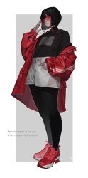 1girl adjusting_eyewear arm_up artist_name black_hair black_pantyhose bob_cut commentary eyewear_strap full_body hand_in_pocket highres jacket kgm long_sleeves looking_at_viewer mole mole_under_mouth off_shoulder original pantyhose puffy_long_sleeves puffy_sleeves red-tinted_eyewear red_jacket red_shoes red_straps round_eyewear scar scar_on_face shirt shoes shorts simple_background smile smug sneakers solo standing tinted_eyewear turtleneck turtleneck_shirt watermark white_background white_shorts