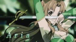 Rule 34 | 00s, 1girl, aria (magic sword), aria (seiken no blacksmith), armpits, brown hair, eyecatch, highres, long hair, seiken no blacksmith, smile, sword, weapon