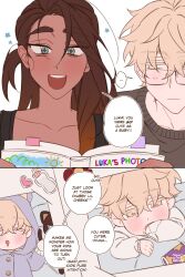 Rule 34 | + +, 1boy, 1girl, alien stage, black shirt, blonde hair, blue pajamas, brown hair, colored eyelashes, commentary, dark-skinned female, dark skin, english commentary, grey eyes, grey sweater, highres, hyuna (alien stage), long hair, luka (alien stage), majunjuu, onesie, pajamas, photo (object), photo album, shirt, short hair, signature, sticker, sweater, very short hair, yellow eyes